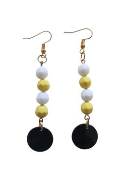 (3) Yellow & White Beaded Drop Earrings with Black Disc